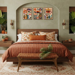 Retro Floral Wall Art Set of 3 – Vibrant Vintage Abstract Flower Prints with Wood Frames