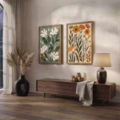 Boho Botanical Wall Art Set of 2 – Neutral Sage and Terracotta Floral Prints with Wood Frames