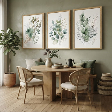 Green Botanical Wall Art Set of 3, Watercolor Eucalyptus Prints, Framed Leaf Art