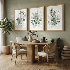 Green Botanical Wall Art Set of 3, Watercolor Eucalyptus Prints, Framed Leaf Art