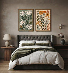 Boho Botanical Wall Art Set of 2 – Neutral Sage and Terracotta Floral Prints with Wood Frames