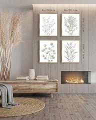 Green Botanical Wall Art Set of 4, Watercolor Eucalyptus Prints, Framed Leaf Art, 8x10