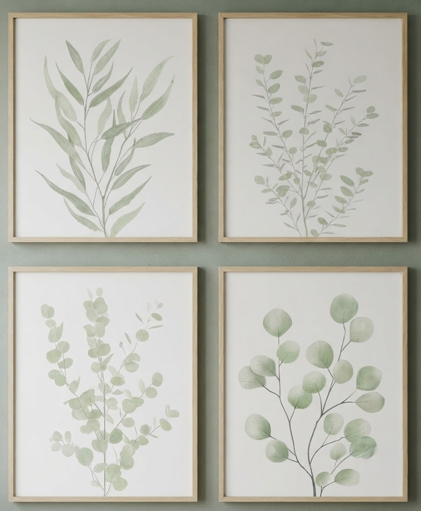 Green Botanical Wall Art Set of 4, Watercolor Eucalyptus Prints, Framed Leaf Art, 8x10