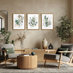Green Botanical Wall Art Set of 3, Watercolor Eucalyptus Prints, Framed Leaf Art