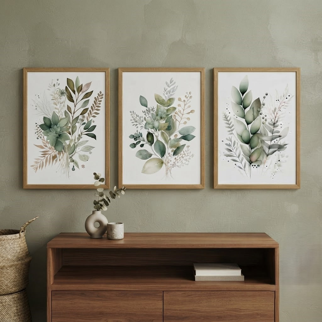 Green Botanical Wall Art Set of 3, Watercolor Eucalyptus Prints, Framed Leaf Art