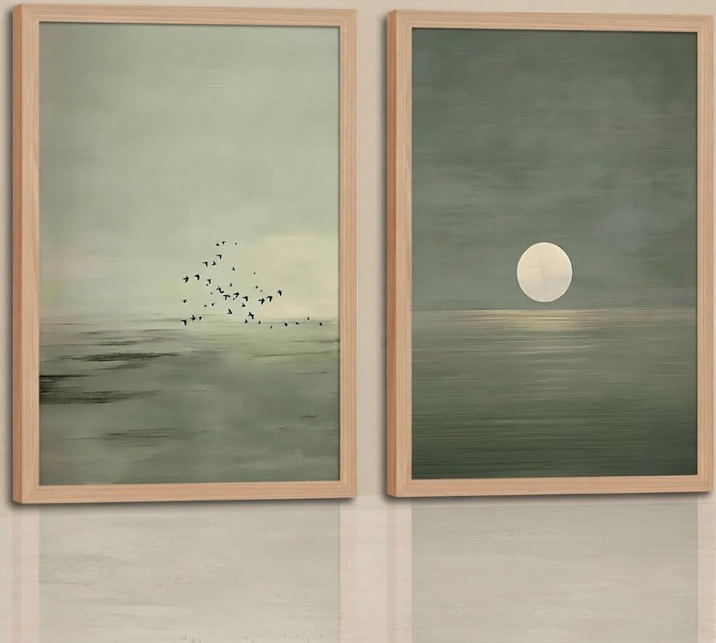 Minimalist Seascape Wall Art Set of 2 – Serene Moon and Flock of Birds Prints with Natural Wood Frames
