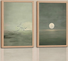 Minimalist Seascape Wall Art Set of 2 – Serene Moon and Flock of Birds Prints with Natural Wood Frames
