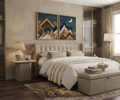 Rustic Mountain Wall Art Set of 2 – Geometric Wood-Style Pine Trees and Moon Prints with Wood Frames