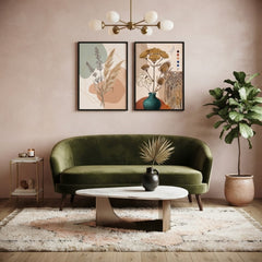 Boho Botanical Wall Art Set of 2 – Abstract Neutral Floral Prints with Black Frames