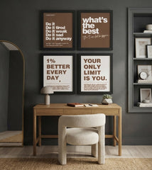 Motivational Quote Wall Art Set of 4 | Brown & White Typographic Prints for Office & Workspace Decor