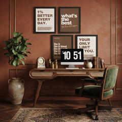 Motivational Quote Wall Art Set of 4 | Brown & White Typographic Prints for Office & Workspace Decor