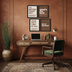 Motivational Quote Wall Art Set of 4 | Brown & White Typographic Prints for Office & Workspace Decor