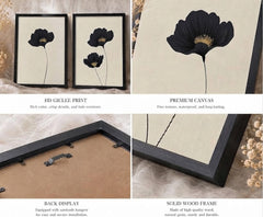 Minimalist Black Floral Wall Art Set of 2 – Elegant Botanical Poppy Prints with Black Frames