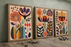 Retro Floral Wall Art Set of 3 – Vibrant Vintage Abstract Flower Prints with Wood Frames