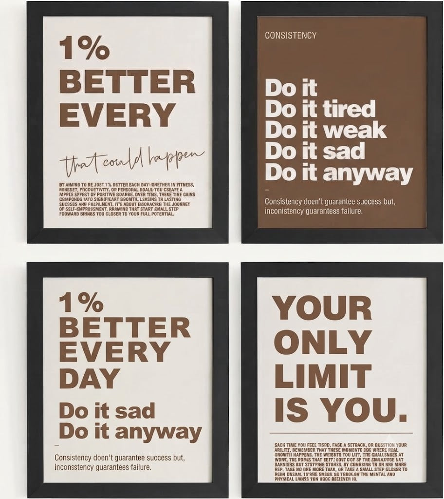Motivational Quote Wall Art Set of 4 | Brown & White Typographic Prints for Office & Workspace Decor