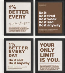 Motivational Quote Wall Art Set of 4 | Brown & White Typographic Prints for Office & Workspace Decor