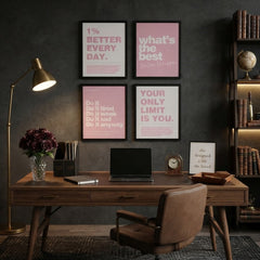 Motivational Quote Wall Art Set of 4 | Pink & White Typographic Prints for Office & Workspace Decor