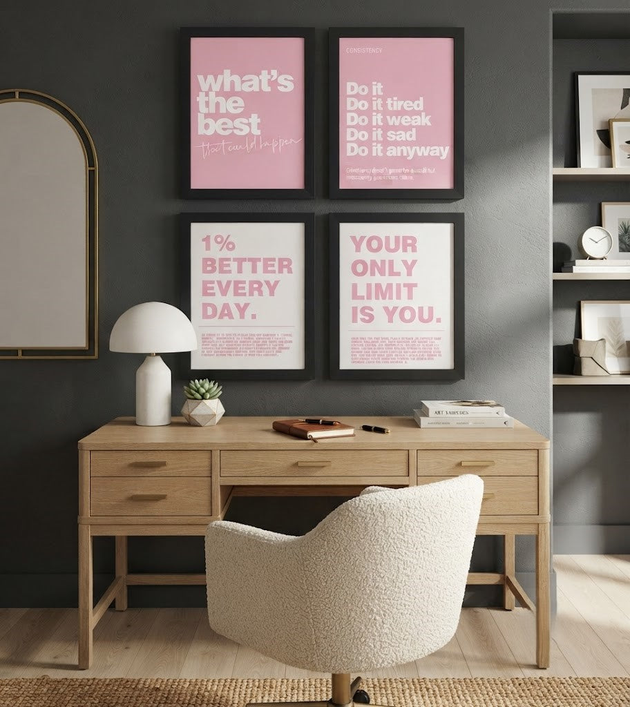 Motivational Quote Wall Art Set of 4 | Pink & White Typographic Prints for Office & Workspace Decor