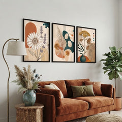 Boho Floral Wall Art Set of 3 – Abstract Daisy and Botanical Prints with Black Frames
