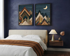 Rustic Mountain Wall Art Set of 2 – Geometric Wood-Style Pine Trees and Moon Prints with Wood Frames