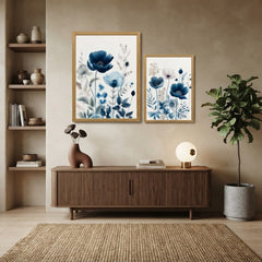 Indigo Blossom: 3-Piece Watercolor Floral Wall Art Set – Blue Poppy & Botanical Framed Art Trio
