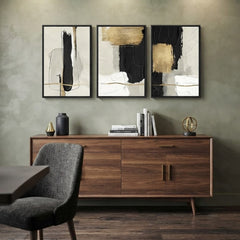 Modern Abstract Wall Art Set of 3 – Black, White, and Gold Brushstroke Prints with Black Frames