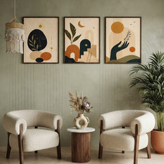 Celestial Boho Wall Art Set of 3 – Abstract Sun, Moon, and Botanical Prints with Black Frames