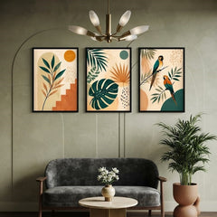 Tropical Paradise Wall Art Set of 3 – Abstract Parrot and Palm Leaf Prints with Black Frames