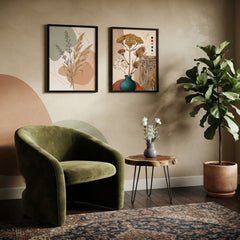 Boho Botanical Wall Art Set of 2 – Abstract Neutral Floral Prints with Black Frames
