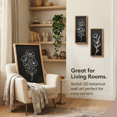 2D Botanical Wall Art Set of 2 | Minimalist Floral Wood Framed Prints (7" x 16")