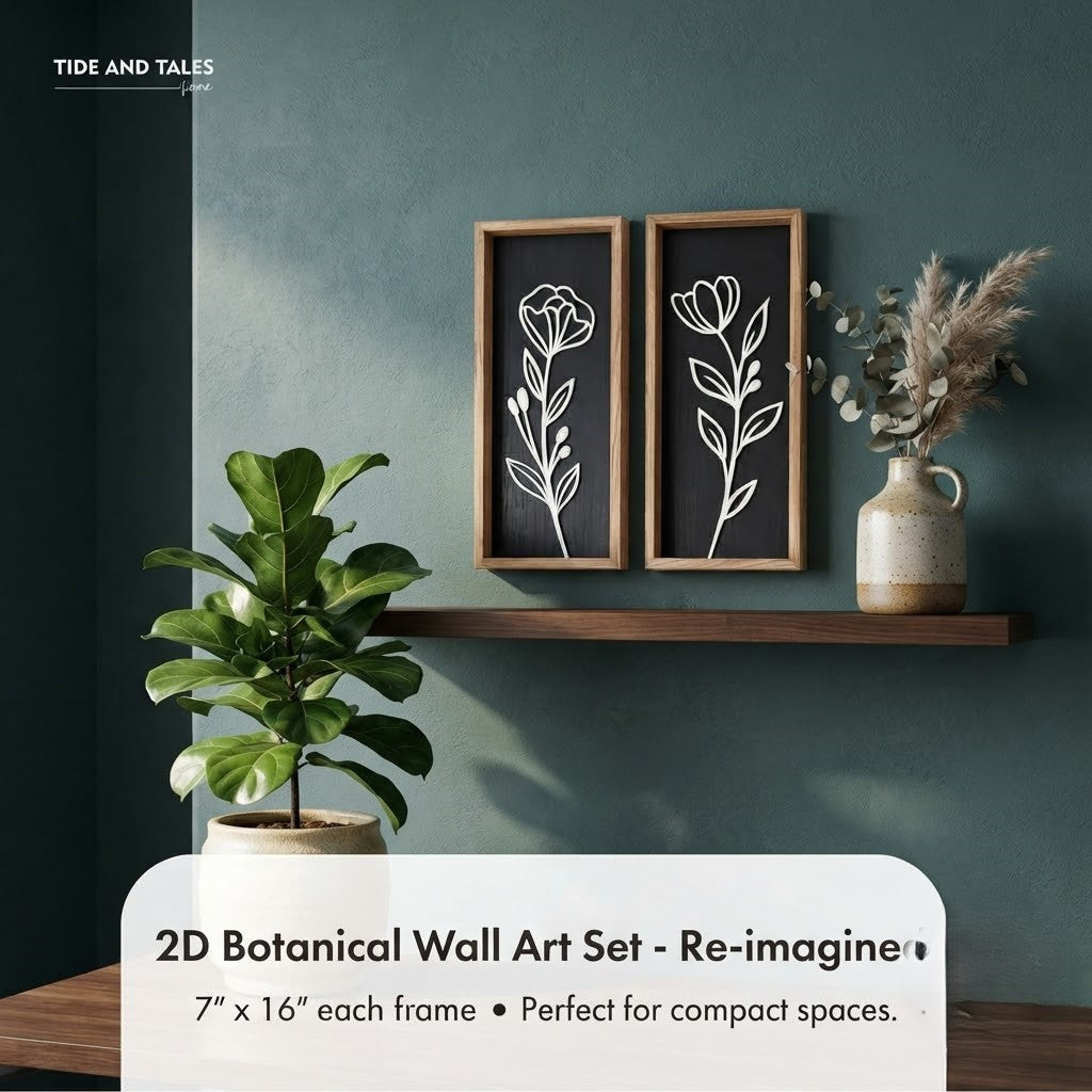 2D Botanical Wall Art Set of 2 | Minimalist Floral Wood Framed Prints (7" x 16")