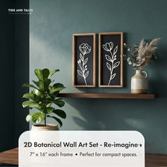 2D Botanical Wall Art Set of 2 | Minimalist Floral Wood Framed Prints (7" x 16")