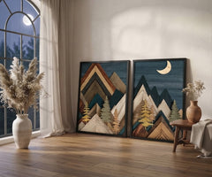 Rustic Mountain Wall Art Set of 2 – Geometric Wood-Style Pine Trees and Moon Prints with Wood Frames
