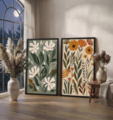 Boho Botanical Wall Art Set of 2 – Neutral Sage and Terracotta Floral Prints with Wood Frames