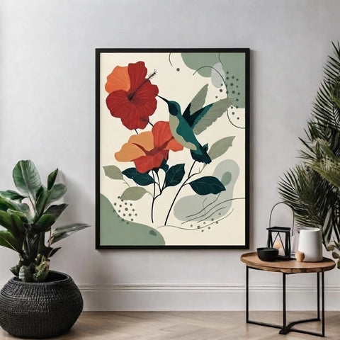 Tropical Hummingbird Wall Art – Abstract Floral and Bird Print