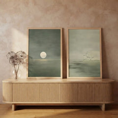 Minimalist Seascape Wall Art Set of 2 – Serene Moon and Flock of Birds Prints with Natural Wood Frames