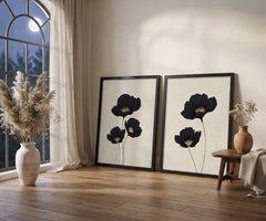 Minimalist Black Floral Wall Art Set of 2 – Elegant Botanical Poppy Prints with Black Frames