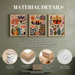 Retro Floral Wall Art Set of 3 – Vibrant Vintage Abstract Flower Prints with Wood Frames
