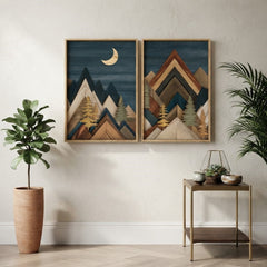 Rustic Mountain Wall Art Set of 2 – Geometric Wood-Style Pine Trees and Moon Prints with Wood Frames