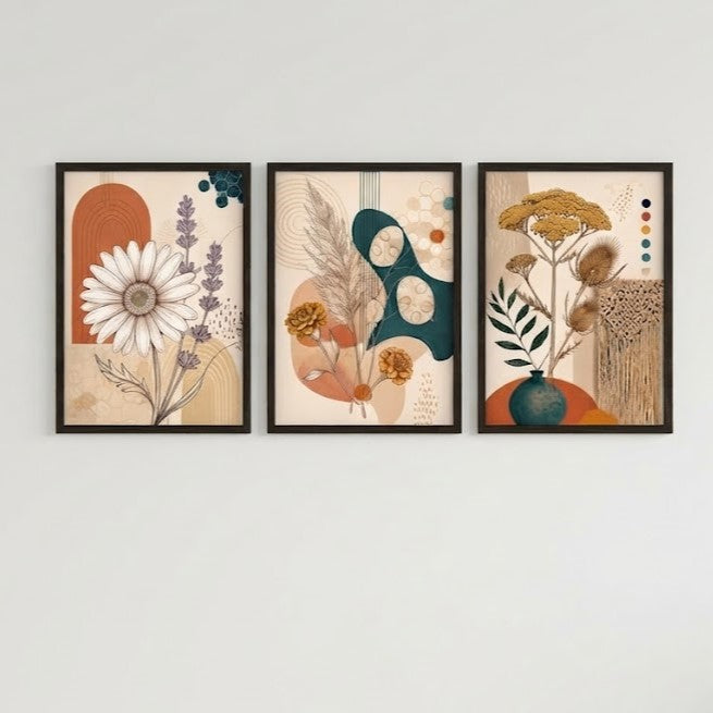 Boho Floral Wall Art Set of 3 – Abstract Daisy and Botanical Prints with Black Frames