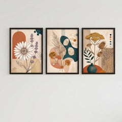 Boho Floral Wall Art Set of 3 – Abstract Daisy and Botanical Prints with Black Frames