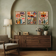 Retro Floral Wall Art Set of 3 – Vibrant Vintage Abstract Flower Prints with Wood Frames