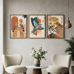 Boho Avian Wall Art Set of 3 – Abstract Vintage Bird Prints with Black Frames