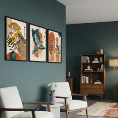 Boho Avian Wall Art Set of 3 – Abstract Vintage Bird Prints with Black Frames