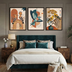 Boho Avian Wall Art Set of 3 – Abstract Vintage Bird Prints with Black Frames