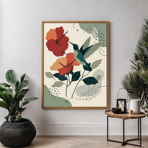 Tropical Hummingbird Wall Art – Abstract Floral and Bird Print