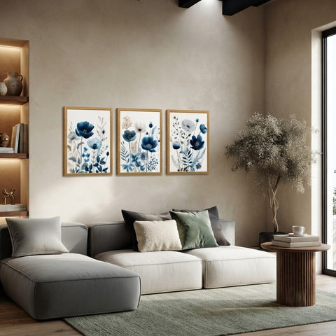 Indigo Blossom: 3-Piece Watercolor Floral Wall Art Set – Blue Poppy & Botanical Framed Art Trio