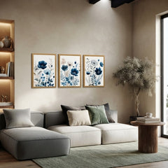 Indigo Blossom: 3-Piece Watercolor Floral Wall Art Set – Blue Poppy & Botanical Framed Art Trio