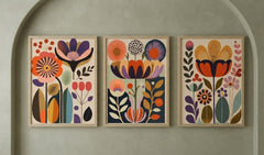 Retro Floral Wall Art Set of 3 – Vibrant Vintage Abstract Flower Prints with Wood Frames