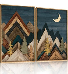 Rustic Mountain Wall Art Set of 2 – Geometric Wood-Style Pine Trees and Moon Prints with Wood Frames